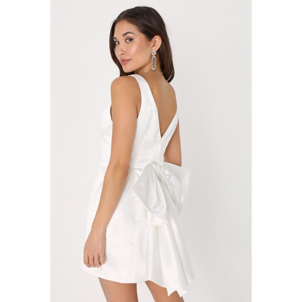 Lulus Charming Celebration White Taffeta Bow Mini Dress - Size XL
